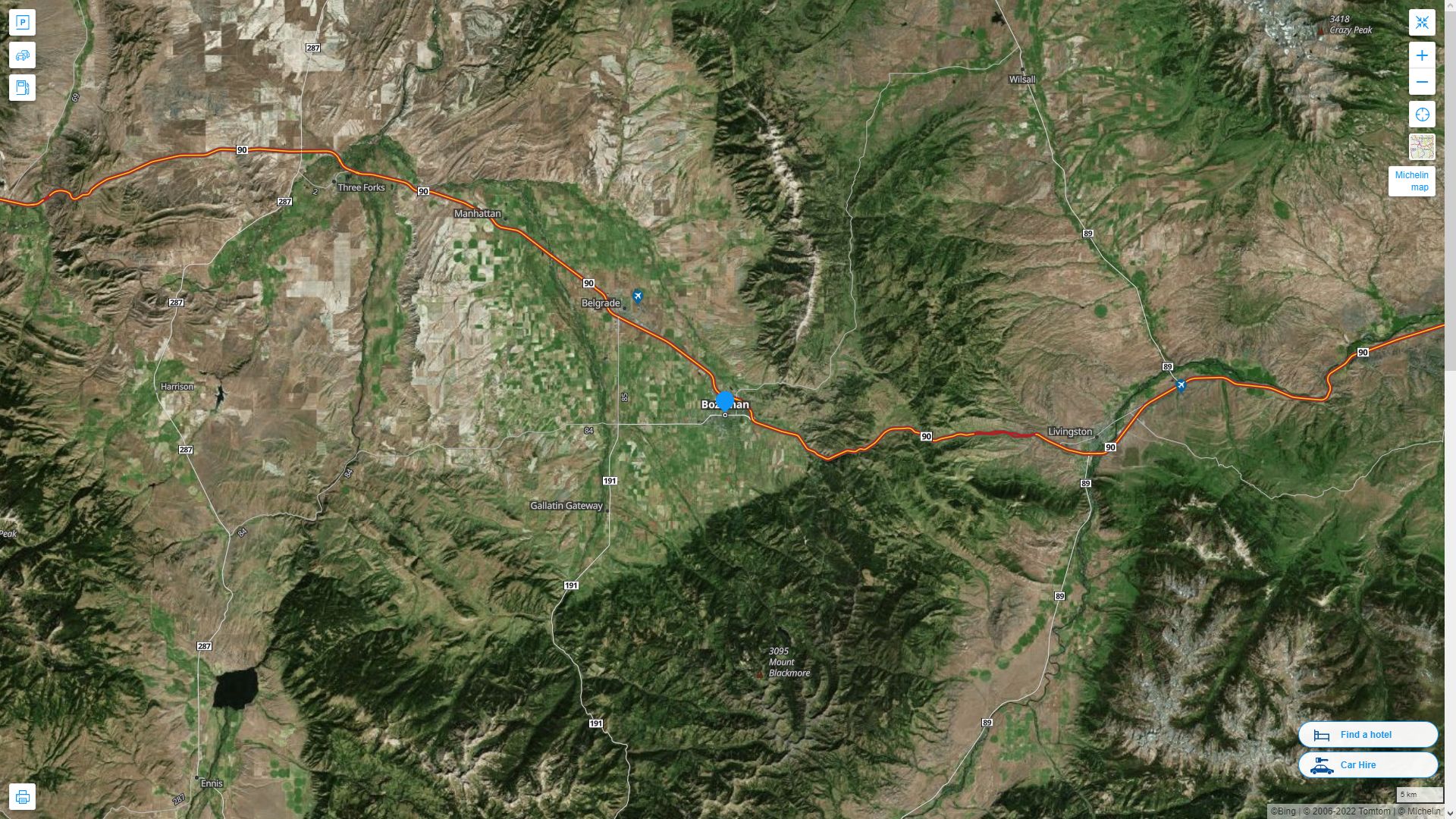 Bozeman Montana Highway and Road Map with Satellite View